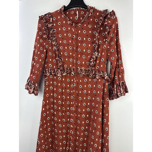 Free People Calico Skies Midi Dress Ruffle Button Boho Cottagecore Western Large - Picture 7 of 16
